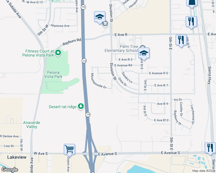 map of restaurants, bars, coffee shops, grocery stores, and more near 119 Mountainside Drive in Palmdale