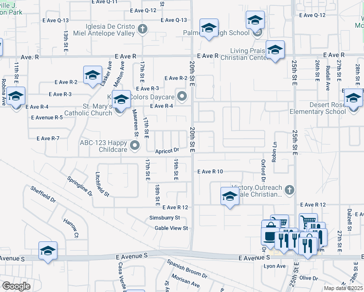 map of restaurants, bars, coffee shops, grocery stores, and more near 37618 Peach Drive in Palmdale