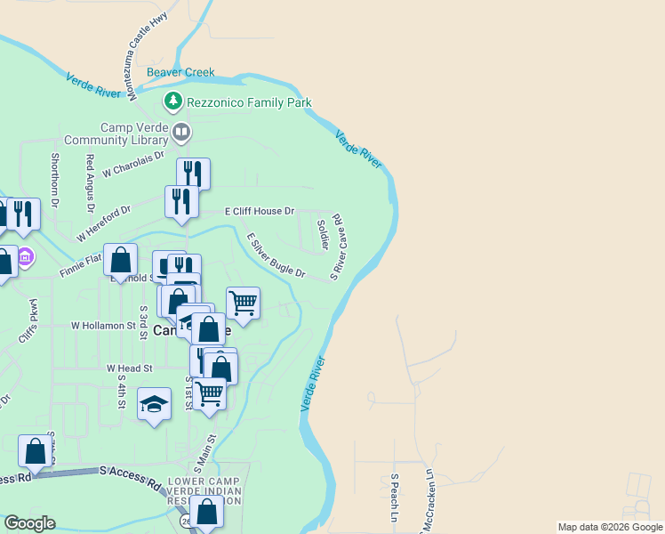 map of restaurants, bars, coffee shops, grocery stores, and more near 248 South River Cave Road in Camp Verde