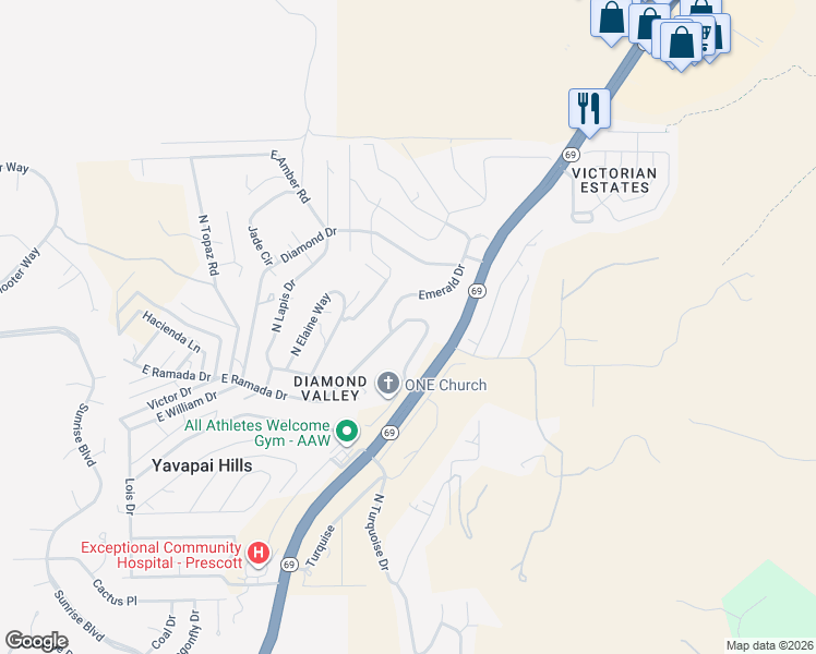map of restaurants, bars, coffee shops, grocery stores, and more near 5103 East Ramada Drive in Prescott
