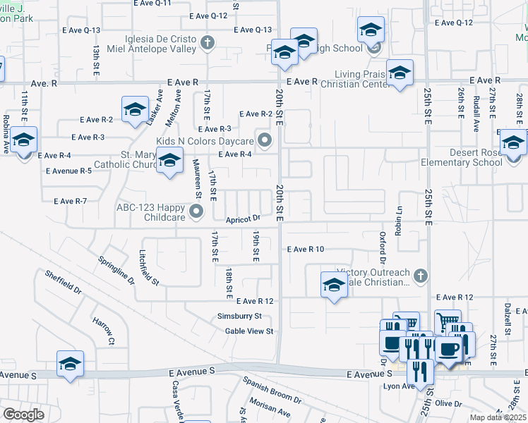 map of restaurants, bars, coffee shops, grocery stores, and more near 37618 Peach Drive in Palmdale