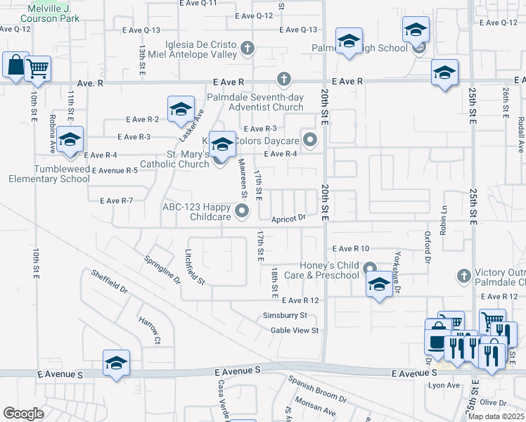 map of restaurants, bars, coffee shops, grocery stores, and more near 37628 17th Street East in Palmdale