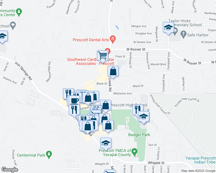 map of restaurants, bars, coffee shops, grocery stores, and more near 1230 Willow Creek Road in Prescott