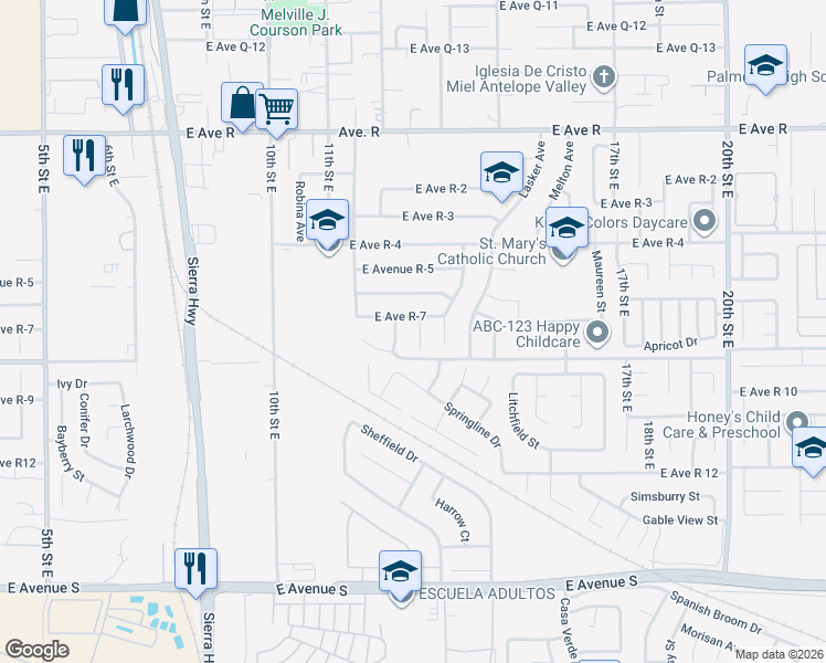 map of restaurants, bars, coffee shops, grocery stores, and more near 37633 13th Street East in Palmdale
