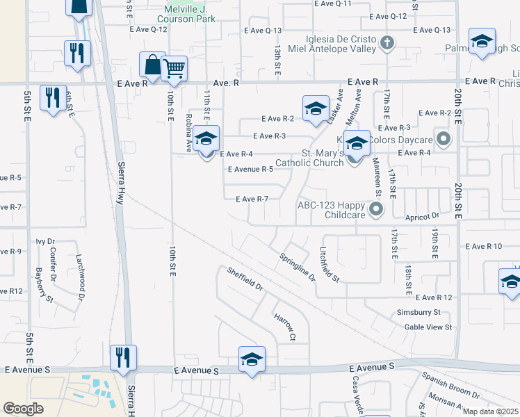 map of restaurants, bars, coffee shops, grocery stores, and more near 37633 13th Street East in Palmdale