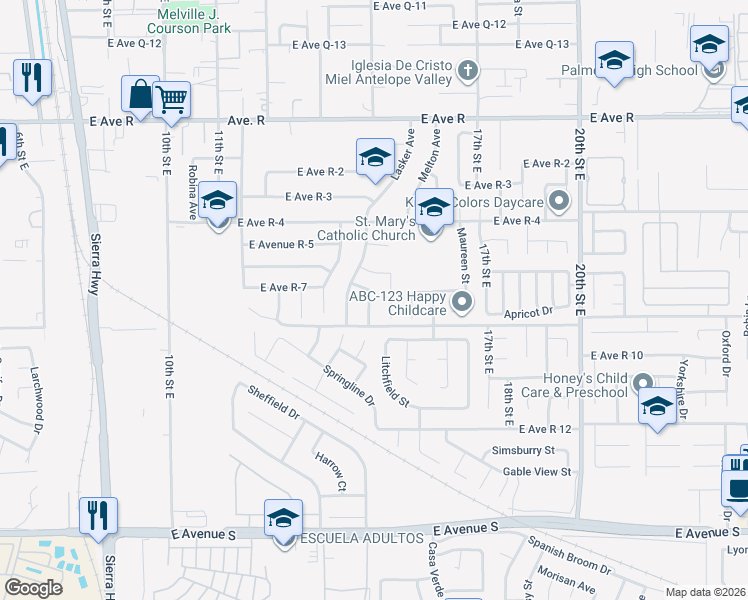 map of restaurants, bars, coffee shops, grocery stores, and more near 37632 15th Street East in Palmdale