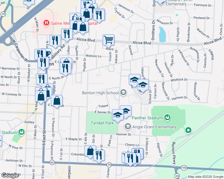 map of restaurants, bars, coffee shops, grocery stores, and more near 142 Border Circle in Benton