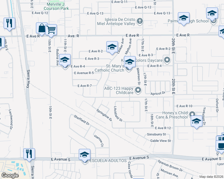 map of restaurants, bars, coffee shops, grocery stores, and more near 37632 15th Street East in Palmdale