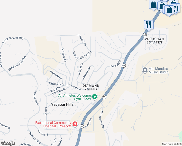 map of restaurants, bars, coffee shops, grocery stores, and more near 1598 North Douglas Drive in Prescott