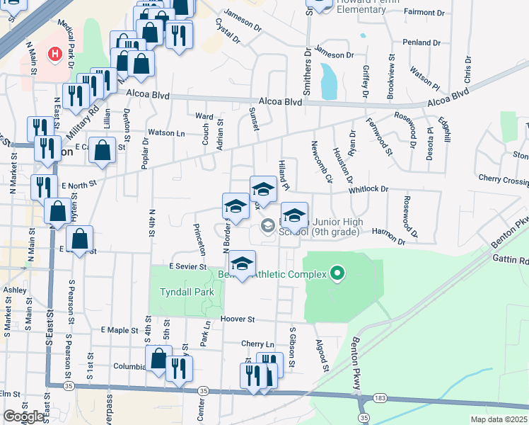 map of restaurants, bars, coffee shops, grocery stores, and more near 411 North Border Street in Benton