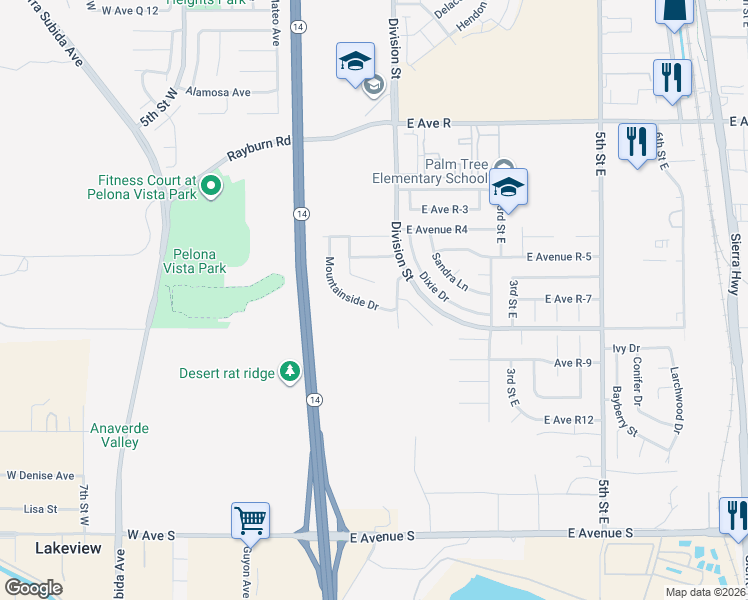 map of restaurants, bars, coffee shops, grocery stores, and more near 131 Mountainside Drive in Palmdale