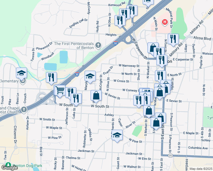 map of restaurants, bars, coffee shops, grocery stores, and more near 308 North Olive Street in Benton