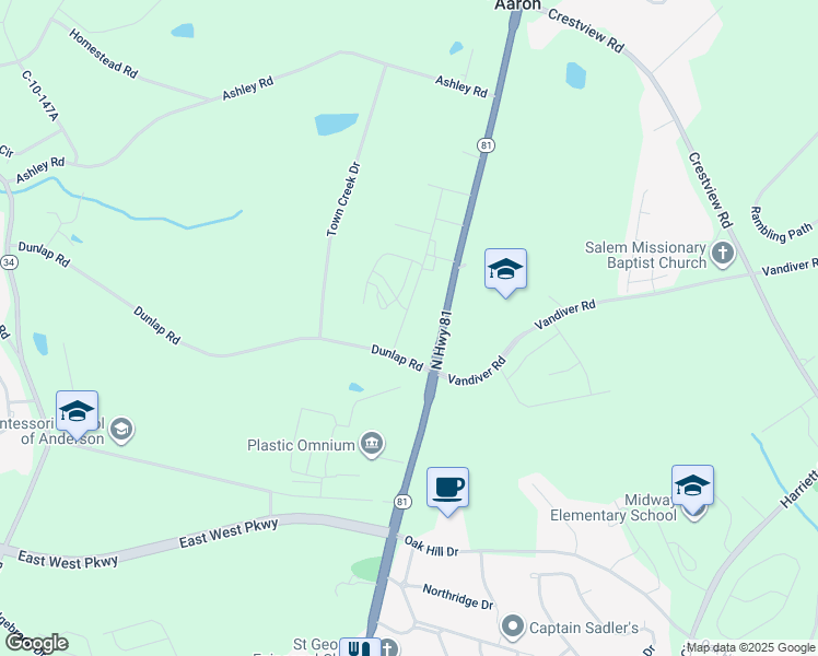 map of restaurants, bars, coffee shops, grocery stores, and more near 120 Scenic Road in Anderson