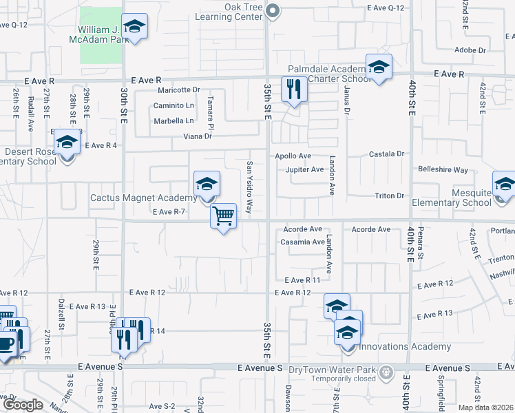 map of restaurants, bars, coffee shops, grocery stores, and more near 3446 San Felipe Court in Palmdale
