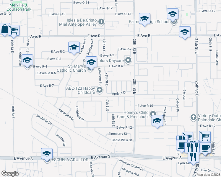 map of restaurants, bars, coffee shops, grocery stores, and more near 37627 Citrus Drive in Palmdale