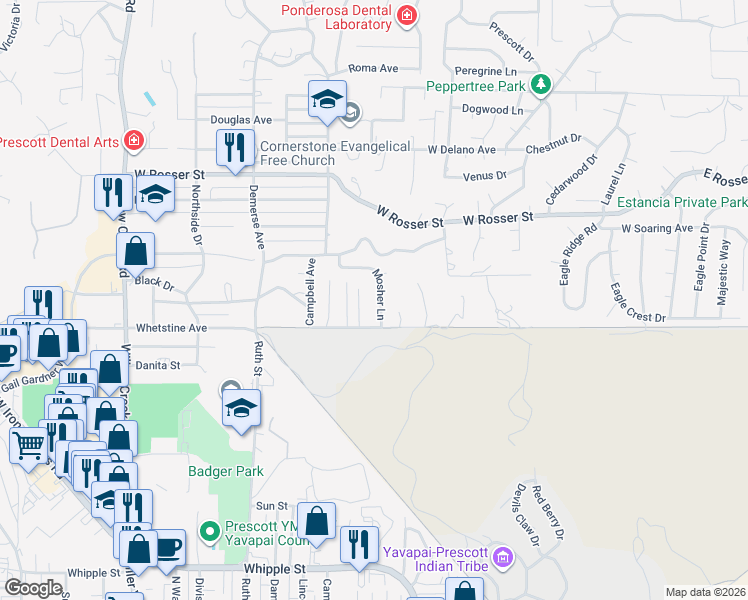 map of restaurants, bars, coffee shops, grocery stores, and more near 1260 Mosher Lane in Prescott