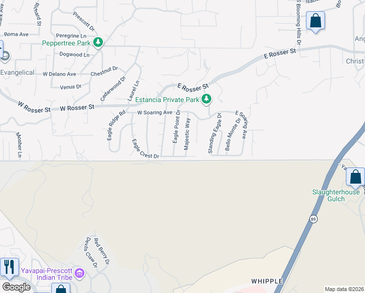 map of restaurants, bars, coffee shops, grocery stores, and more near 1465 Eagle Crest Drive in Prescott