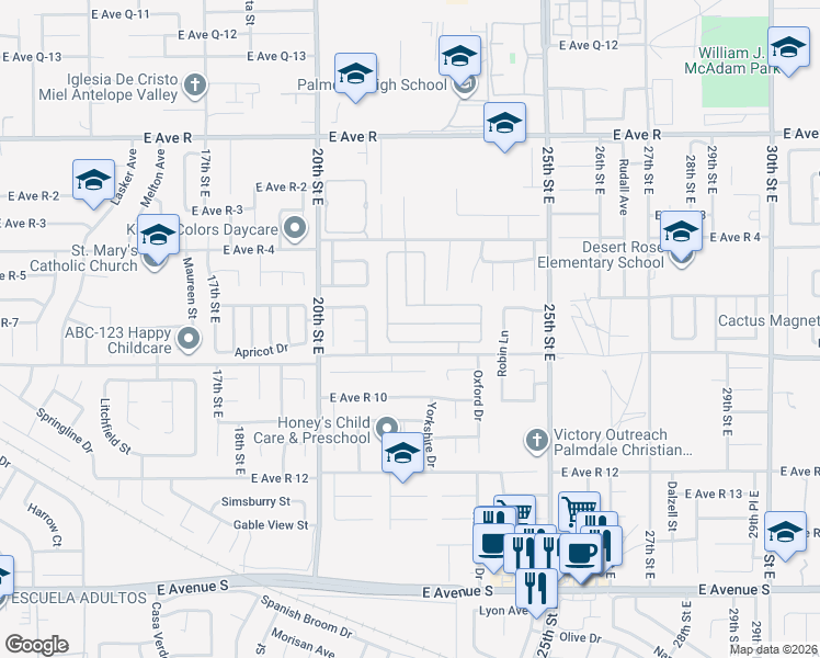 map of restaurants, bars, coffee shops, grocery stores, and more near 2138 Mark Avenue in Palmdale