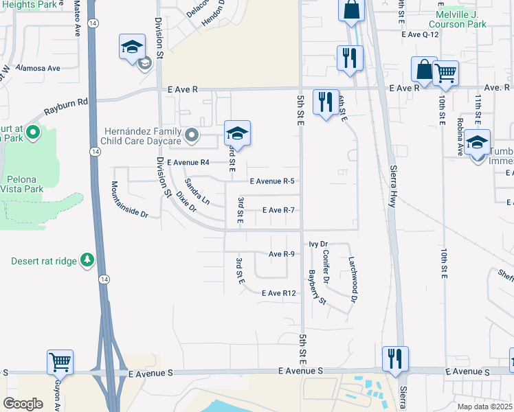 map of restaurants, bars, coffee shops, grocery stores, and more near 329 East Avenue R-7 in Palmdale
