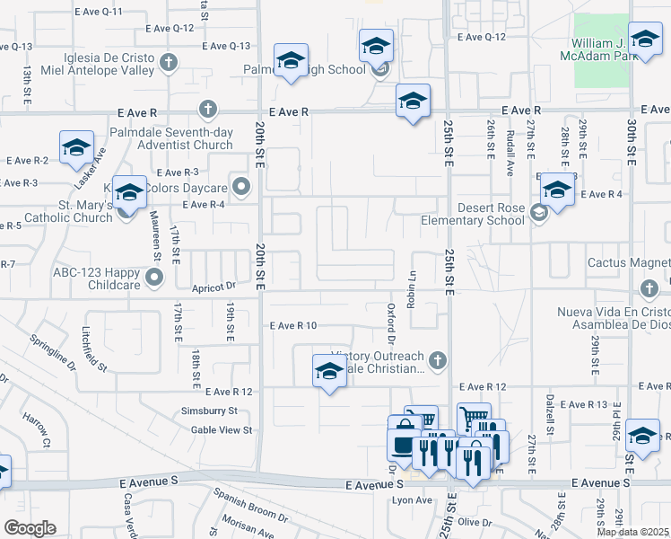 map of restaurants, bars, coffee shops, grocery stores, and more near 2138 Mark Avenue in Palmdale