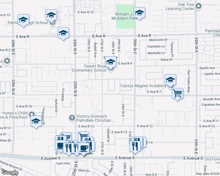 map of restaurants, bars, coffee shops, grocery stores, and more near 37618 Dalzell Street in Palmdale