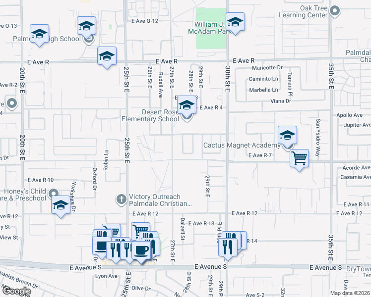 map of restaurants, bars, coffee shops, grocery stores, and more near 37618 Dalzell Street in Palmdale