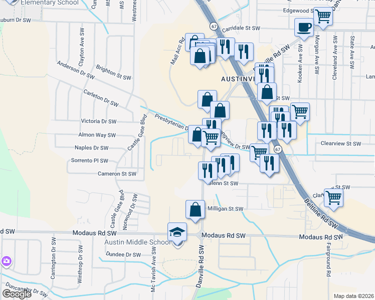 map of restaurants, bars, coffee shops, grocery stores, and more near Danville Park Drive Southwest in Decatur