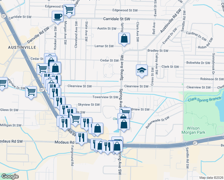 map of restaurants, bars, coffee shops, grocery stores, and more near 912 Towerview Street Southwest in Decatur