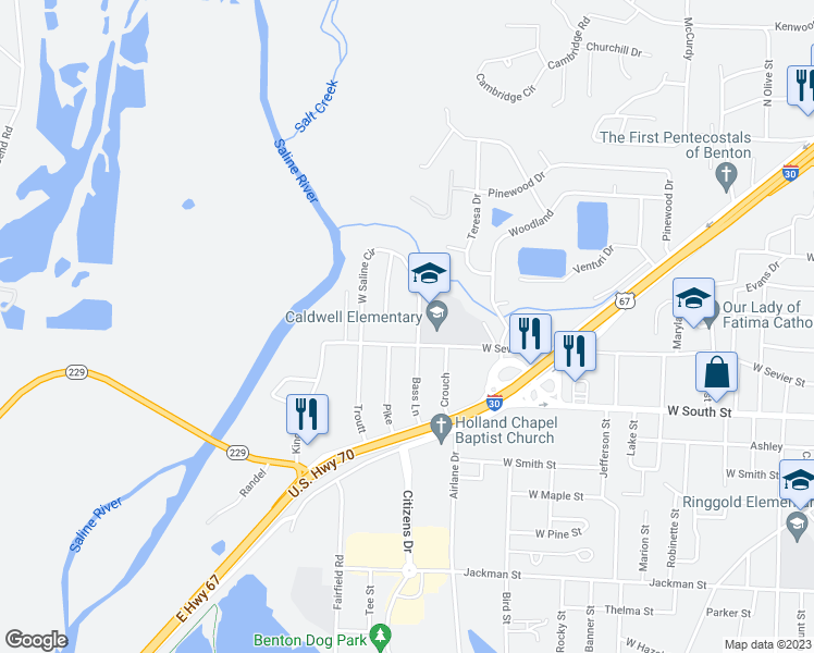 map of restaurants, bars, coffee shops, grocery stores, and more near 1908 Rio Grande Road in Benton