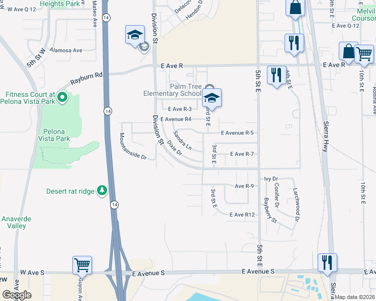 map of restaurants, bars, coffee shops, grocery stores, and more near 37635 Sandra Lane in Palmdale