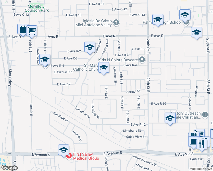 map of restaurants, bars, coffee shops, grocery stores, and more near 37848 16th Street East in Palmdale