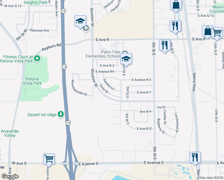 map of restaurants, bars, coffee shops, grocery stores, and more near 37635 Sandra Lane in Palmdale