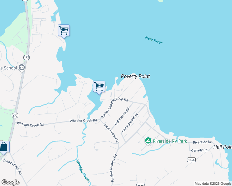 map of restaurants, bars, coffee shops, grocery stores, and more near 352-372 Fulcher Landing Loop Road in Sneads Ferry