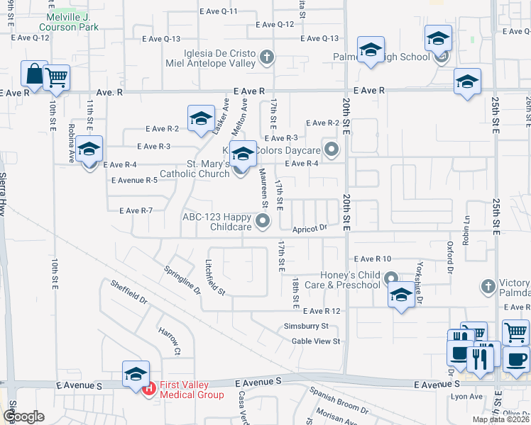map of restaurants, bars, coffee shops, grocery stores, and more near 2736 East Avenue R7 in Palmdale