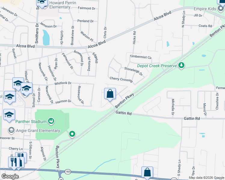map of restaurants, bars, coffee shops, grocery stores, and more near 2317 Pleasant Forest Drive in Benton