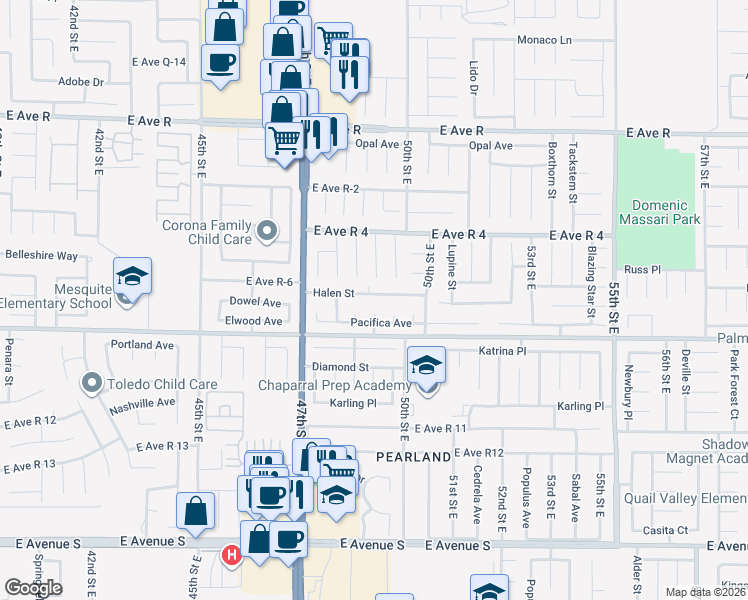 map of restaurants, bars, coffee shops, grocery stores, and more near 4830 Halen Street in Palmdale