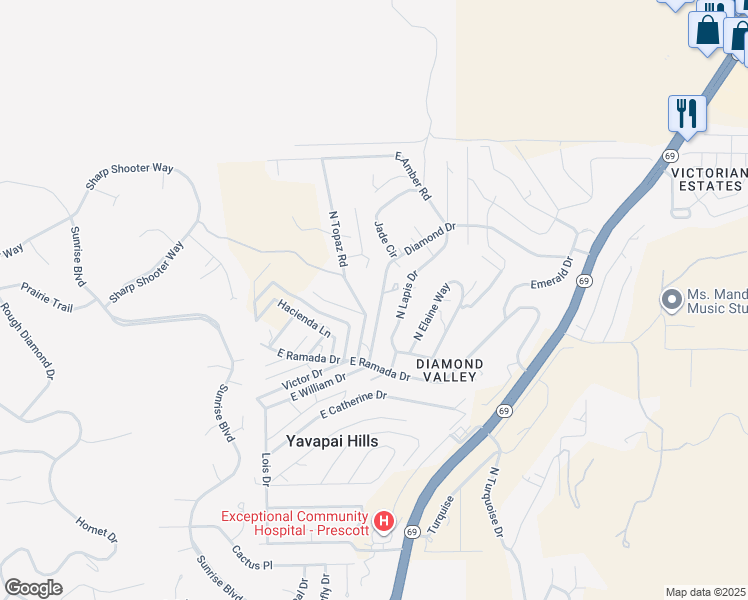 map of restaurants, bars, coffee shops, grocery stores, and more near 4833 Diamond Drive in Prescott