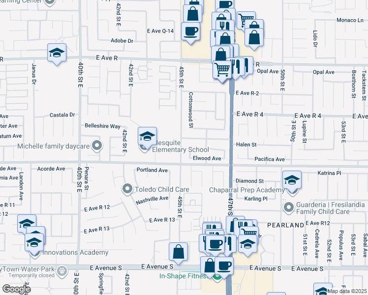 map of restaurants, bars, coffee shops, grocery stores, and more near 37642 45th Street East in Palmdale