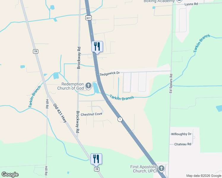 map of restaurants, bars, coffee shops, grocery stores, and more near 9595 U.S. 431 in Owens Cross Roads