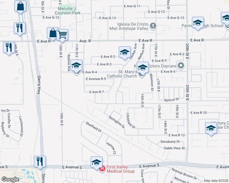 map of restaurants, bars, coffee shops, grocery stores, and more near 37647 Lasker Avenue in Palmdale