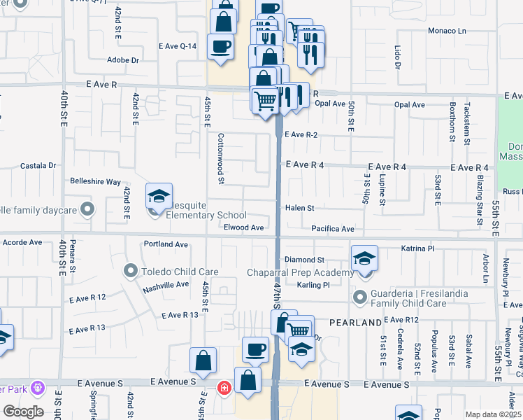 map of restaurants, bars, coffee shops, grocery stores, and more near 4633 Dowel Avenue in Palmdale
