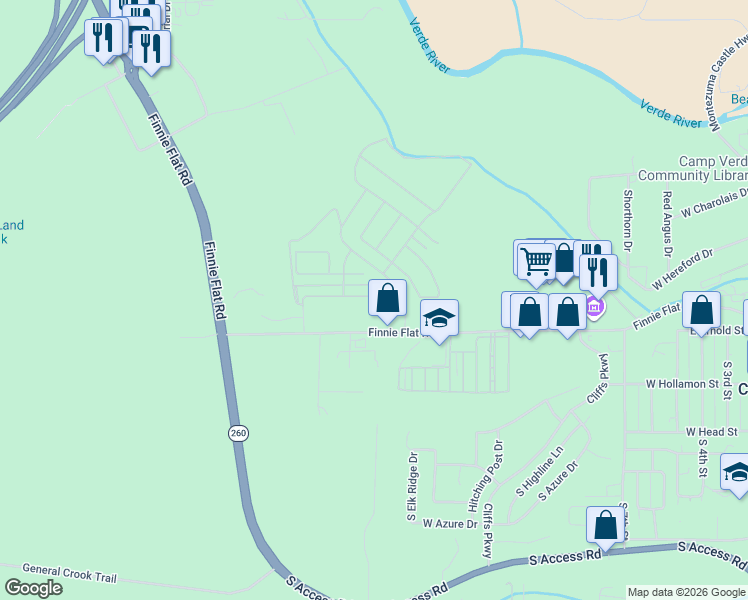 map of restaurants, bars, coffee shops, grocery stores, and more near 1000 Finnie Flat Road in Camp Verde