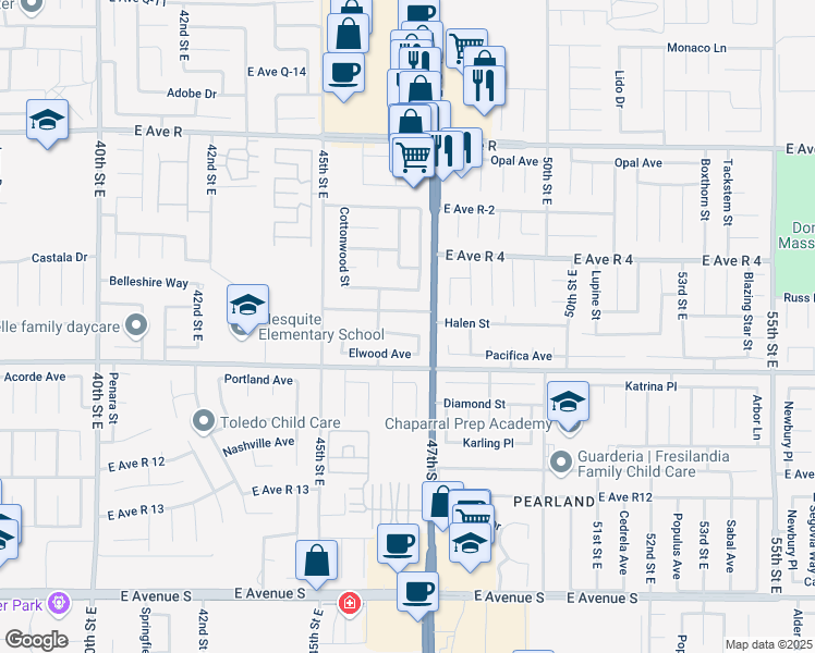 map of restaurants, bars, coffee shops, grocery stores, and more near 4633 Dowel Avenue in Palmdale