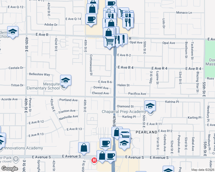 map of restaurants, bars, coffee shops, grocery stores, and more near 4633 Dowel Avenue in Palmdale