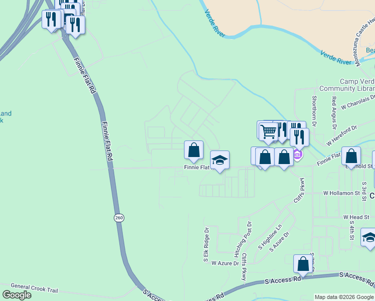 map of restaurants, bars, coffee shops, grocery stores, and more near 1000 Finnie Flat Road in Camp Verde