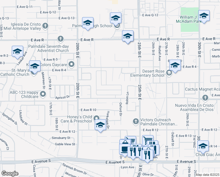 map of restaurants, bars, coffee shops, grocery stores, and more near 2245 Mark Avenue in Palmdale