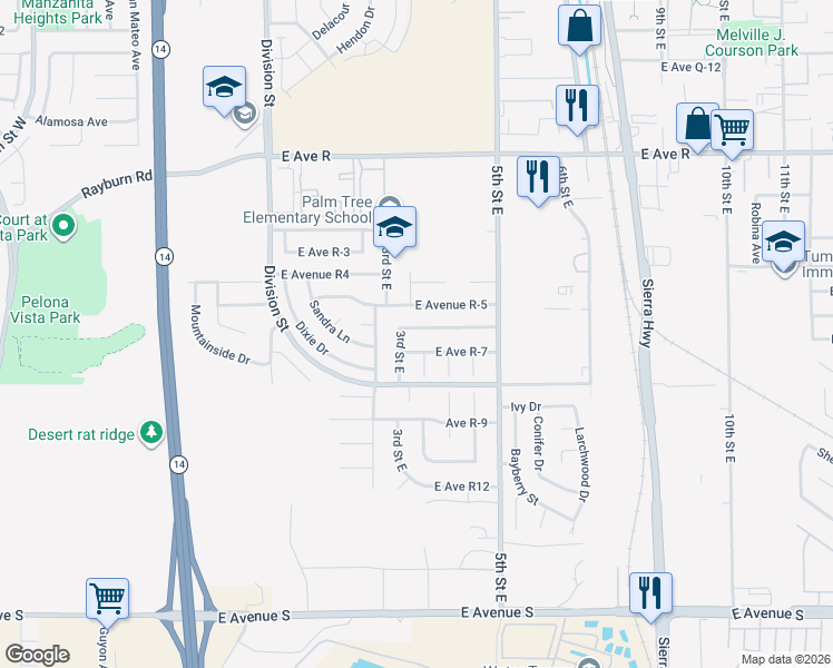 map of restaurants, bars, coffee shops, grocery stores, and more near 324 East Avenue R 6 in Palmdale