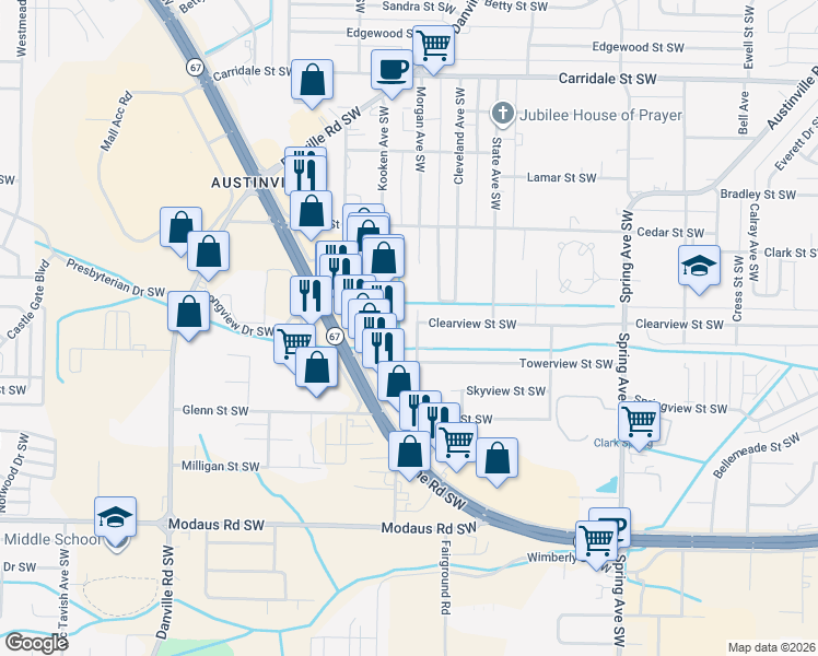 map of restaurants, bars, coffee shops, grocery stores, and more near 1612 Beltline Road Southwest in Decatur