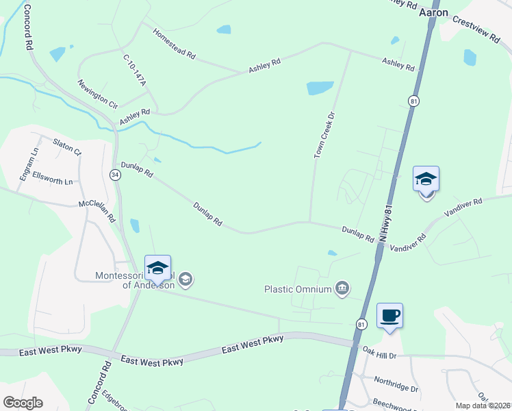 map of restaurants, bars, coffee shops, grocery stores, and more near 1225 Dunlap Road in Anderson