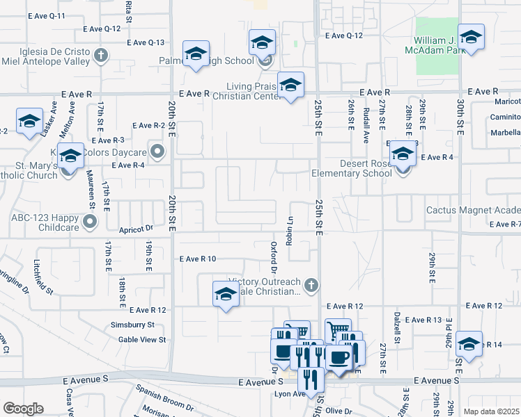 map of restaurants, bars, coffee shops, grocery stores, and more near 2261 Mark Avenue in Palmdale